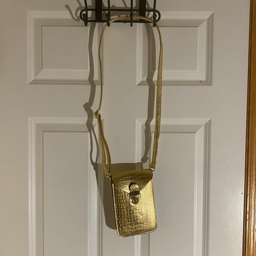 Gold crocodile reptile metallic phone purse crossbody bag wallet adjustable stra